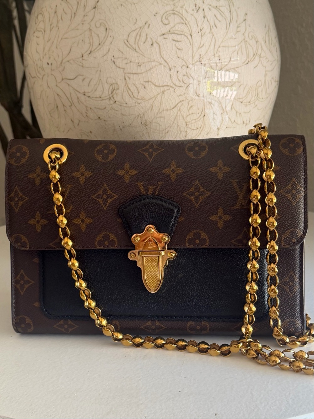 Monogram Canvas Shoulder Bag with Gold Chain and Black Trim